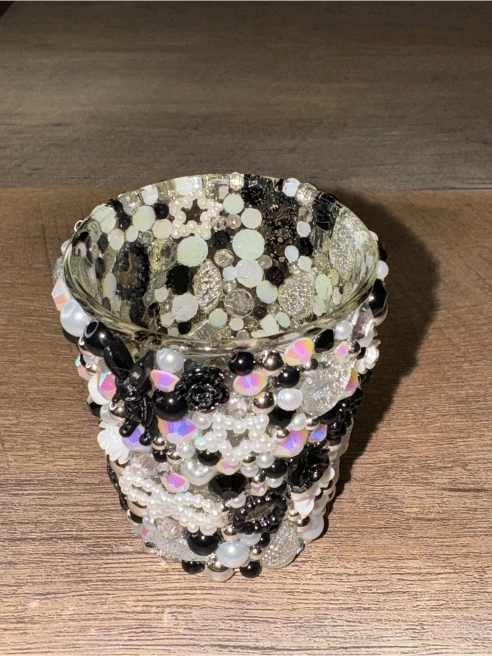 Handcrafted Black, White, Silver Bedazzled Shot Glass